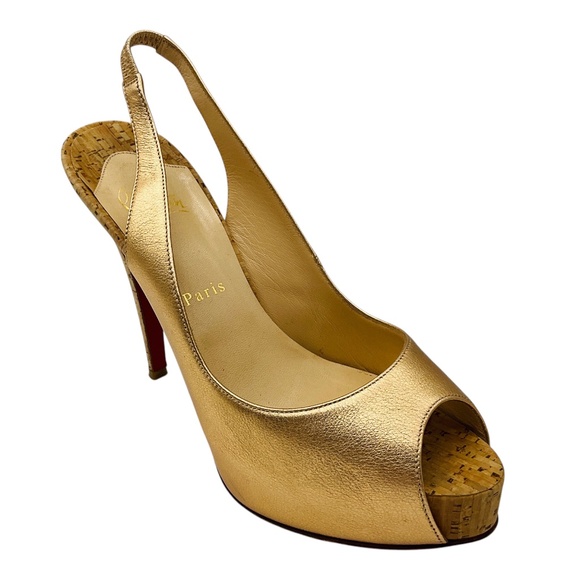 CHRISTIAN LOUBOUTIN GOLD METALLIC LEATHER OPEN TOE CORK HEEL PLATFORM SLINGBACK